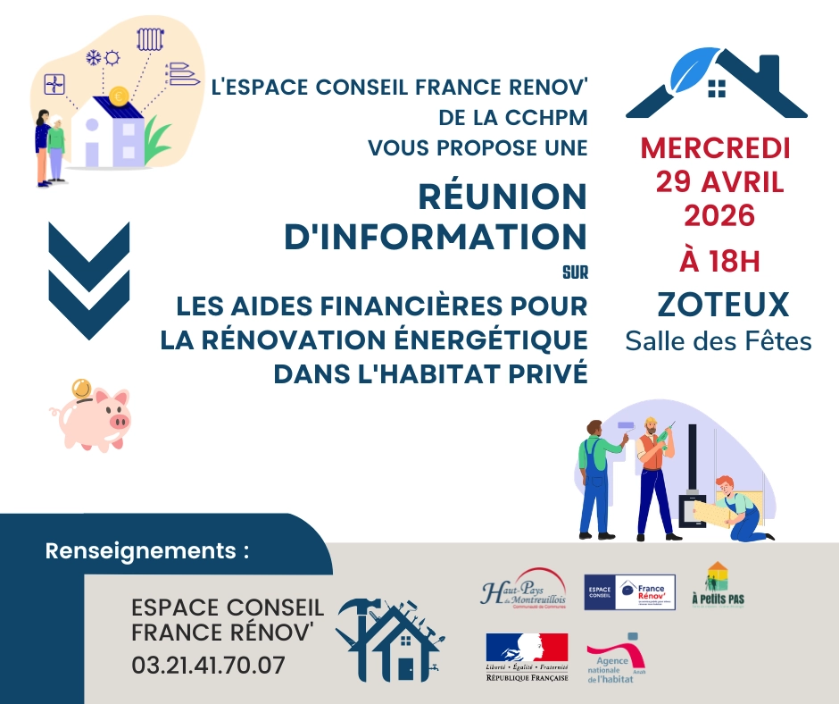Bandeau pour la réunion sur les aides financières France Rénov' à Zoteux du 29 avril 2026