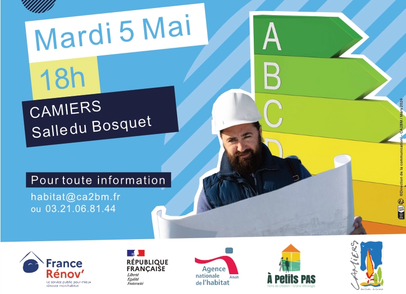 Bandeau pour la réunion sur les aides financières France Rénov' à Camiers du mardi 5 mai 2026